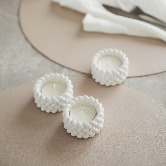 White Gypsum Tealight Candle Holder Set of 3 – Minimalist Design with Rope Detail set of 3
