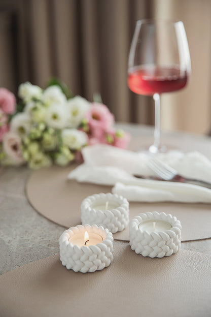 White Gypsum Tealight Candle Holder Set of 3 – Minimalist Design with Rope Detail set of 3