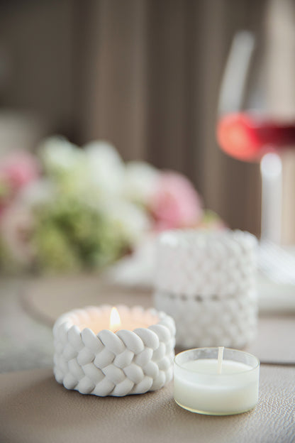 White Gypsum Tealight Candle Holder Set of 3 – Minimalist Design with Rope Detail set of 3