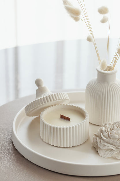 Gift Set of Scented Candle with Large Tray, Vase and Peony Flower - Elegant Gypsum Home Decor