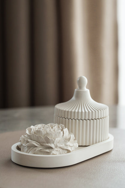 Wooden Wick Scented Candle Gift Set with Tray and Gypsum Peony Blossom - Handcrafted White Decor Elegance for Every Occasion House scents