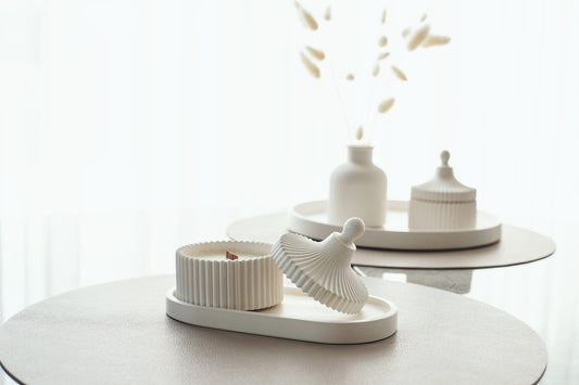 Scented Candle & Tray Set Handmade Coconut Wax, Aroma Oils & Wooden Wick