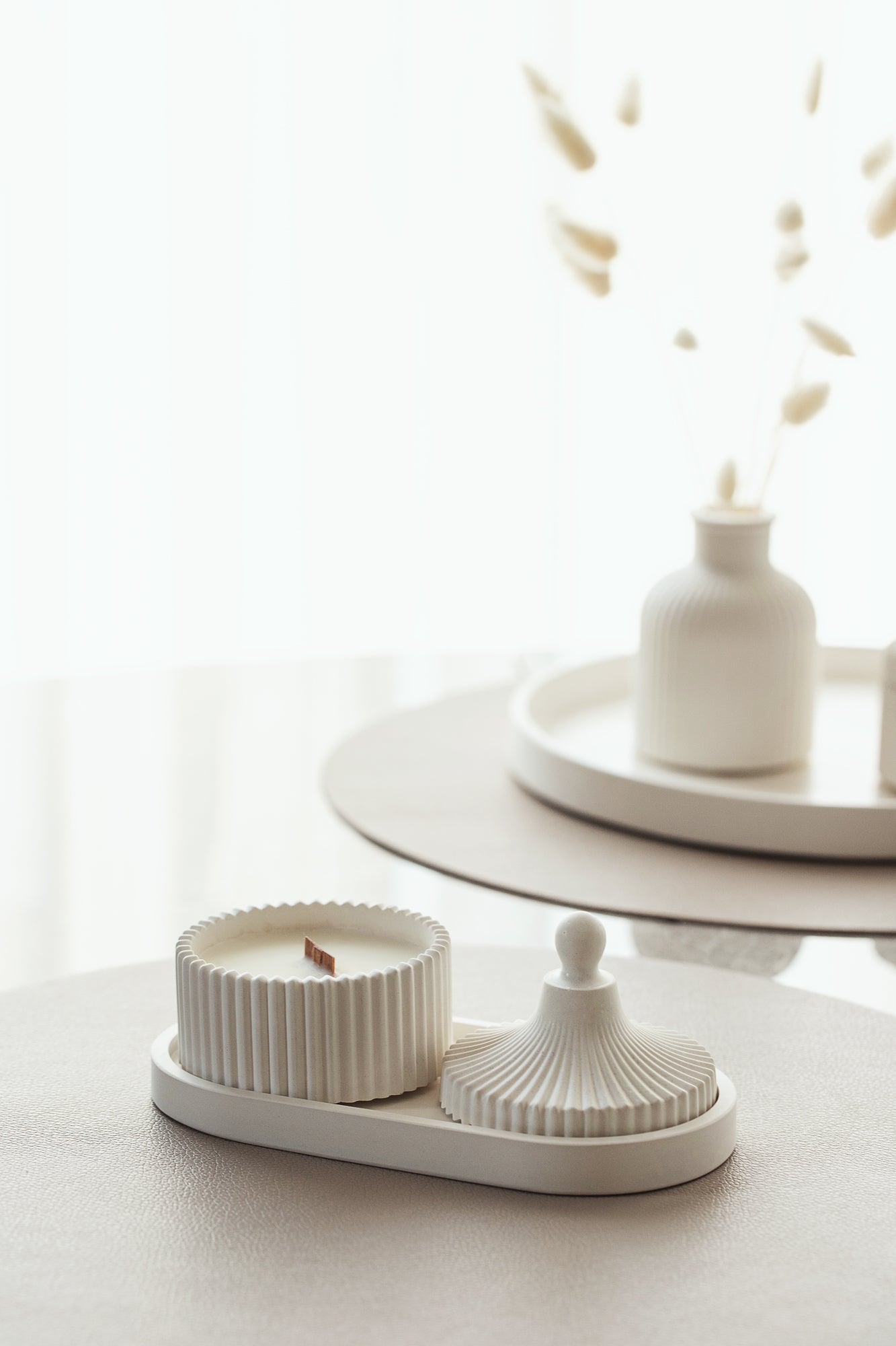 Duftkerzen- und Tablett-Set Handgemacht aus Kokoswachs, Aromaölen & Holzdocht