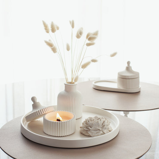 Gift Set of Scented Candle with Large Tray, Vase and Peony Flower - Elegant Gypsum Home Decor