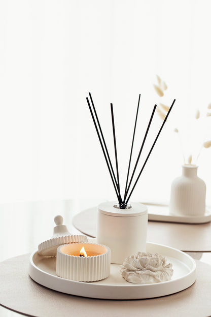 Luxury Home Fragrance Gift Set - Candle, Large Round Tray and Gypsum Peony Blossom