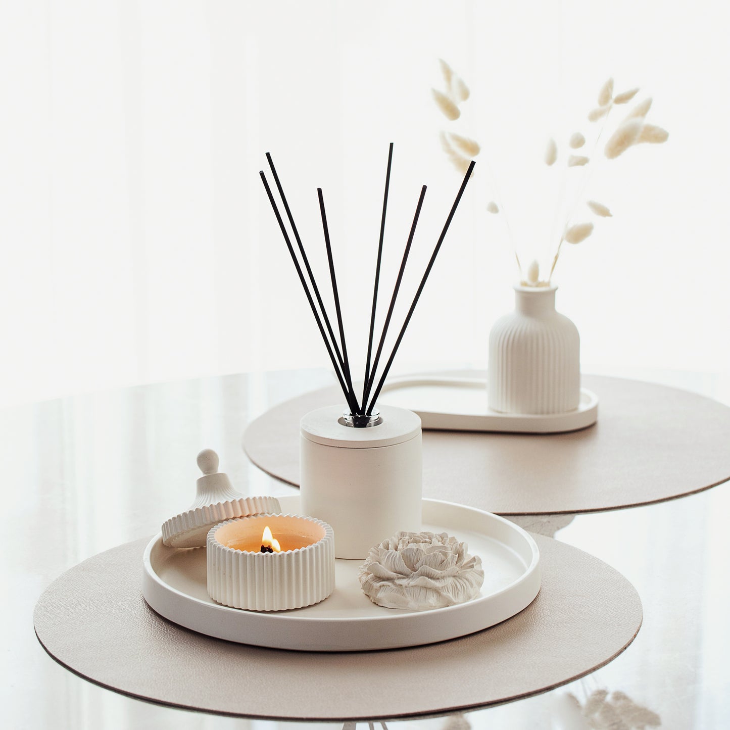 Luxury Home Fragrance Gift Set - Candle, Large Round Tray and Gypsum Peony Blossom