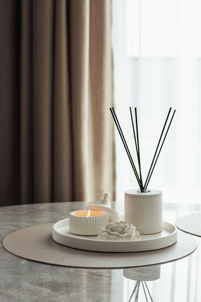 Luxury Home Fragrance Gift Set - Candle, Large Round Tray and Gypsum Peony Blossom