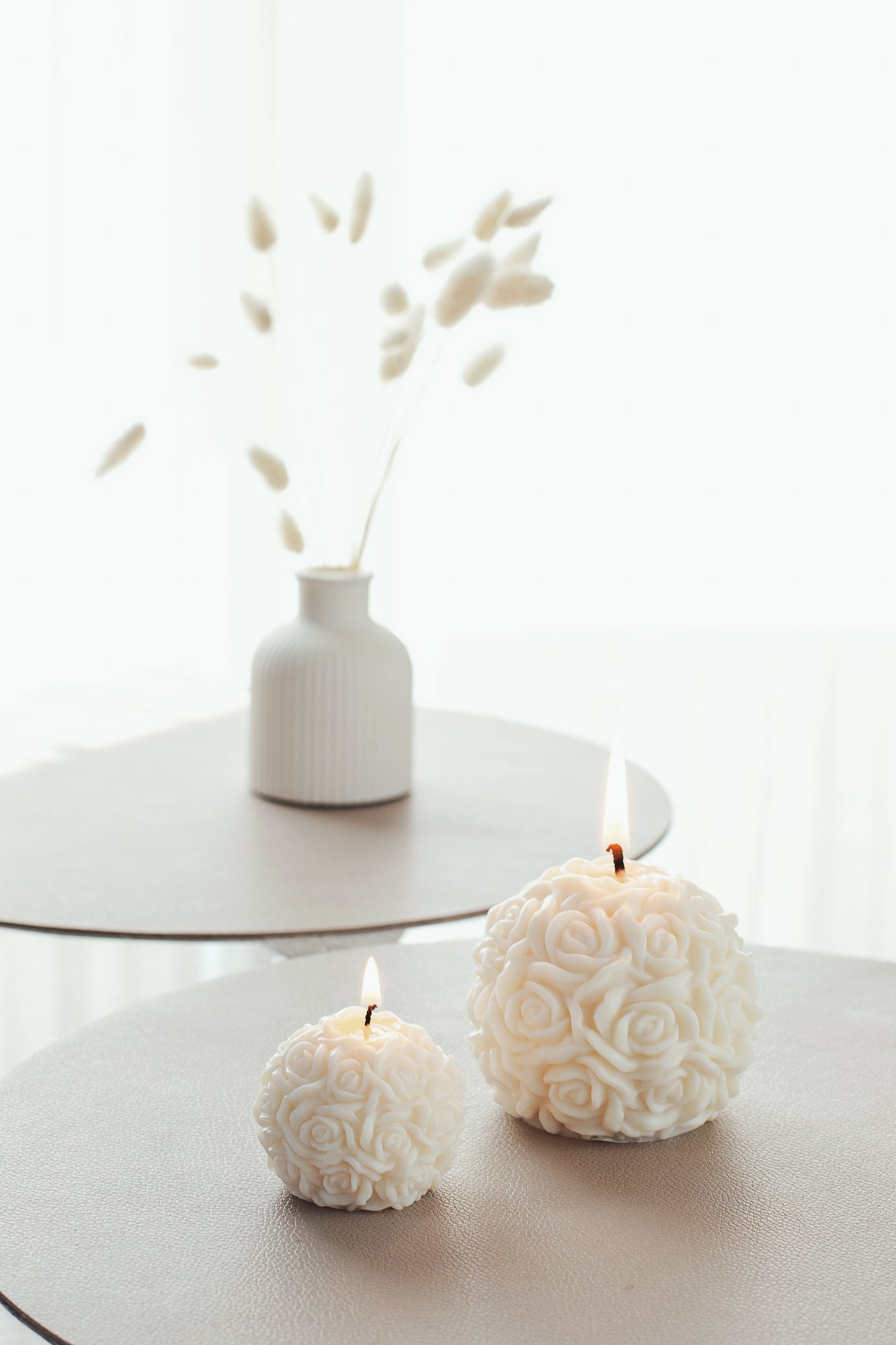 Elegant Rose Ball Candle Duo with Gypsum Tray – Perfect for Home Decor and Gifting