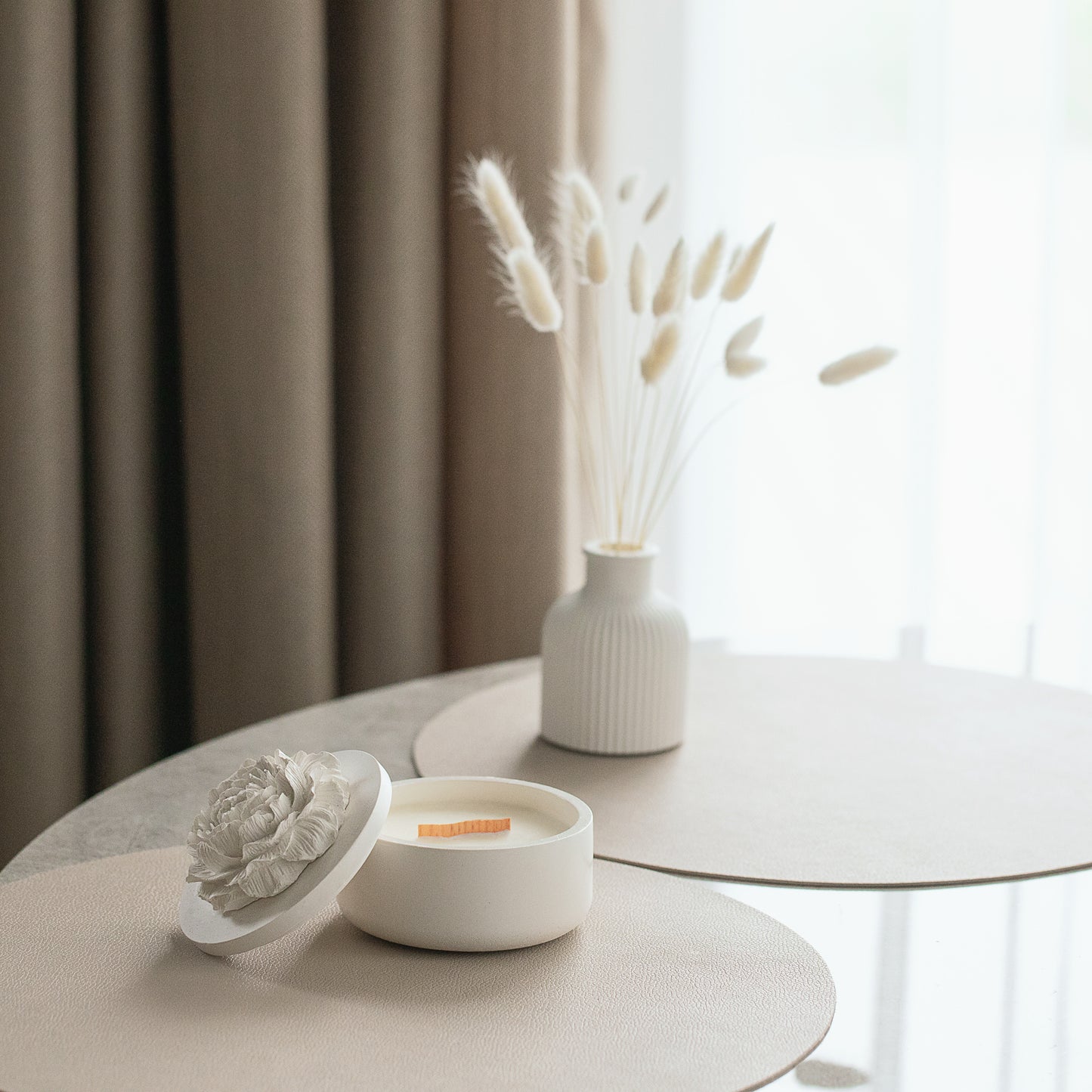 Peony - Embraced Scented Coconut Wax Candle with Wood Wick in Gypsum Jar