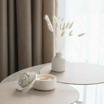 Peony - Embraced Scented Coconut Wax Candle with Wood Wick in Gypsum Jar
