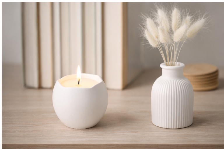 Handgefertigte Kerze im Gipsbehälter – Kokoswachs, Baumwolldocht, 14 Stunden Brenndauer – Minimalistisches Wohnaccessoire Geschenk