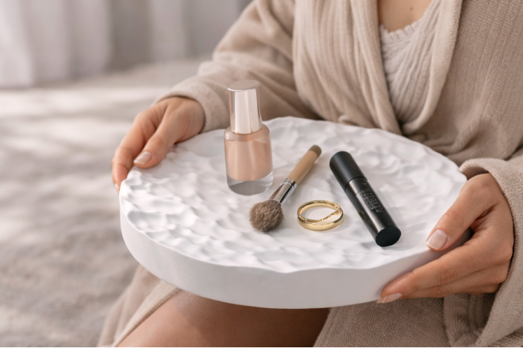 Weißes Gips-Schmucktablett mit Bergrelief