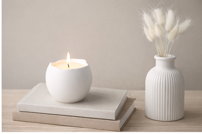 Handgefertigte Kerze im Gipsbehälter – Kokoswachs, Baumwolldocht, 14 Stunden Brenndauer – Minimalistisches Wohnaccessoire Geschenk